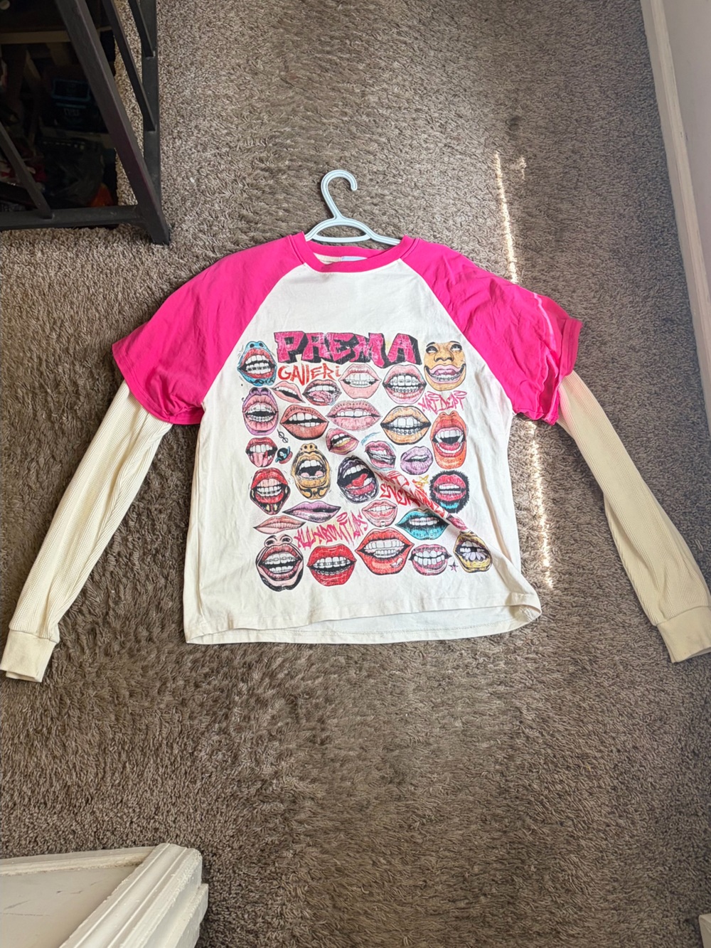 Gallery Kids Raglan Lip-Print Layered Long Sleeve Top - Hot Pink & Cream